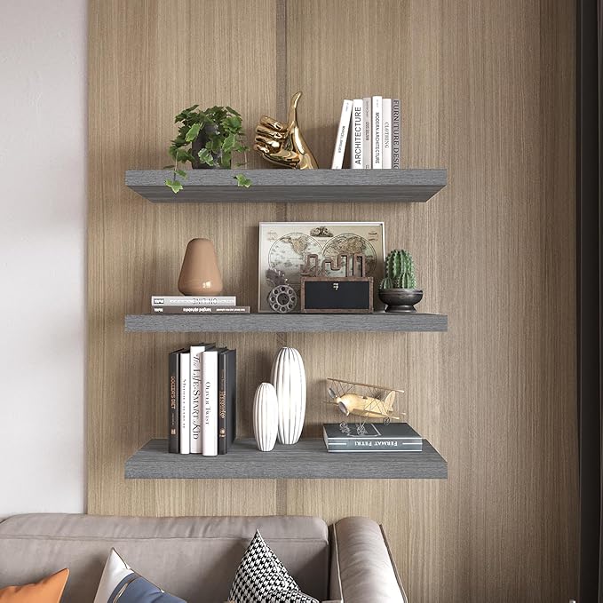 Floating Shelves 24 Inch Wall Shelf Solid Wood Mounted Storage for Bedroom Living Room Set of 3, Rustic Grey Wall Shelves