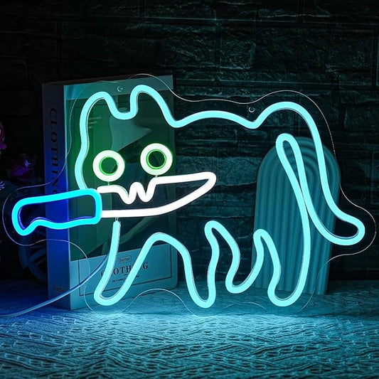 Cat Neon Sign for Wall Decor, Knife Cat Neon Light,Blue Cautiously Cat LED Neon Light for Bedroom Zoo Cat Cafe Cat House Store Home Men Cave Home Bar Decoration(16.9"*12.4")