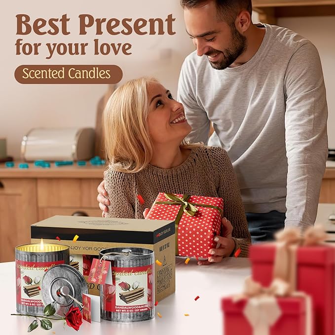 Vintage Scented Candles Gift Set (2 x 8 oz) - Sandalwood & Rose Aromatherapy Candle, Natural Soy Wax Candle, (2 x40) Hours Burn, 8% Fragrance Oil, Holiday Gifts for Home Decor, Relaxation & Christmas
