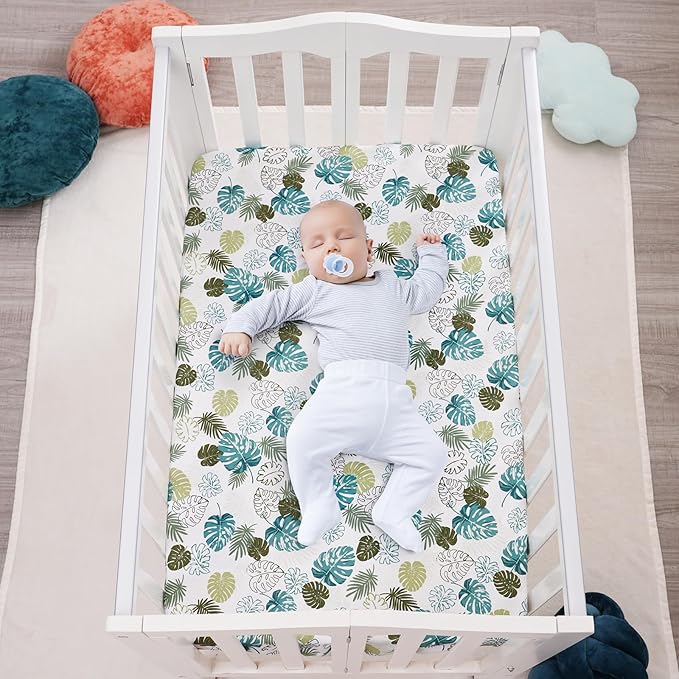 3 Pack Mini Crib Sheets, Premium Pack N Play Sheets for Boys Girls Neutral, Soft Breathable Baby Sheets Fit Pack N Play, Playard and Mini Crib Mattresses, Leaf