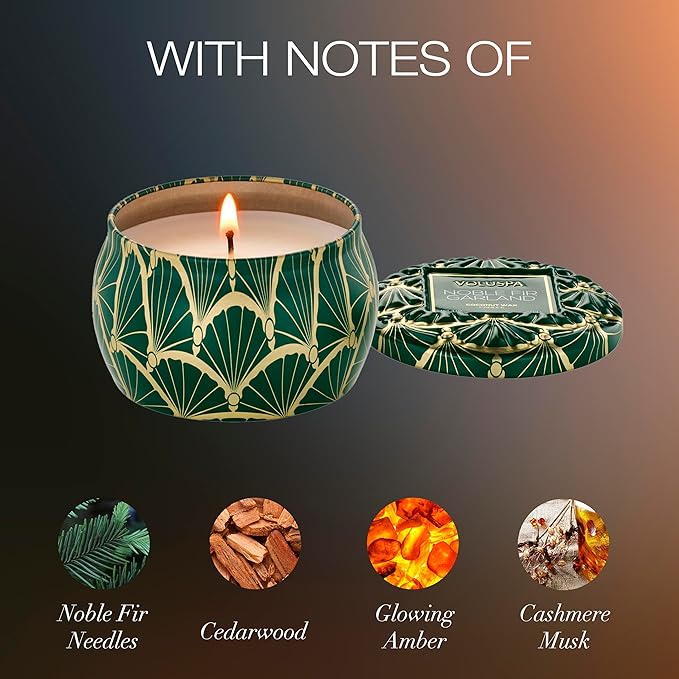 Voluspa Noble Fir Garland, Mini Tin Candle, 4 oz, 25 Hour Burn Time, Coconut Wax Candle for The Home, Handcrafted in The USA