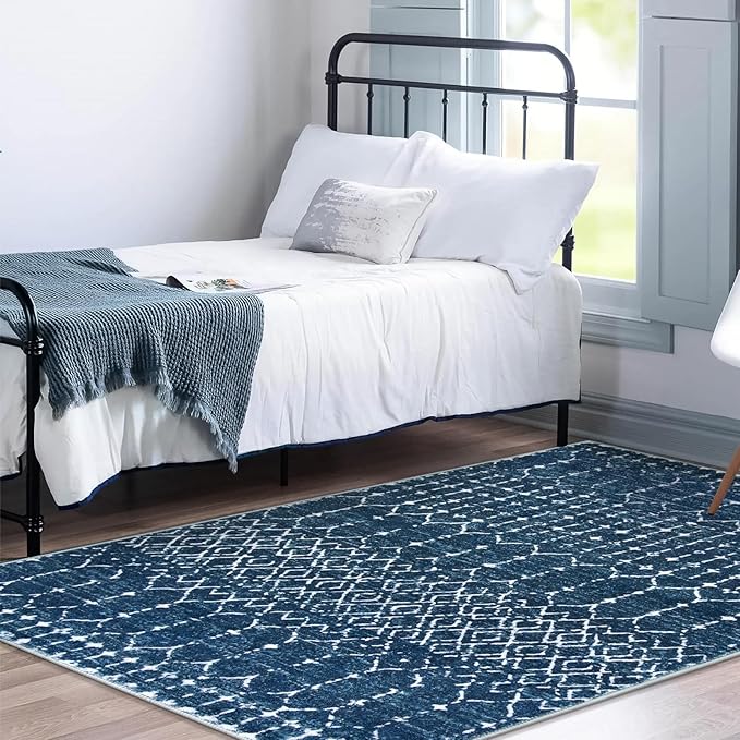 Lahome Moroccan Blue Carpet for Living Room - 4x6 Area Rug Non-Slip Ultra-Thin Soft Bedroom Rug Stain Resistant Modern Carpet with Geometric Print, Suitable for Office, Kitchen, Entryway, Dining Room