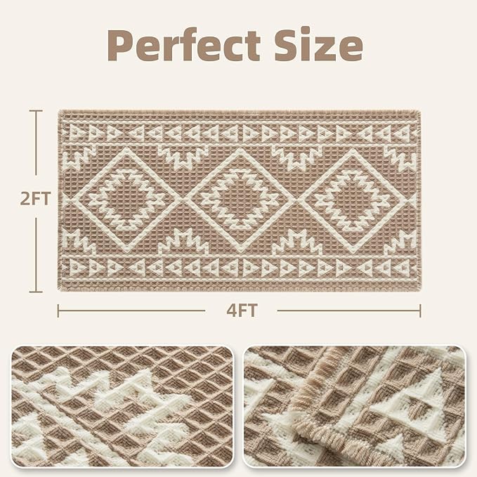 PADOOR-Waffle Bathroom Runner 24"x48", Super Absorbent Bath Mats for Bathroom, Machine Washable Non Slip Bath Rug with Tassels, Soft Bath Mat for Laundry Room, Bedroom, Brown & Cream, 2'x 4'