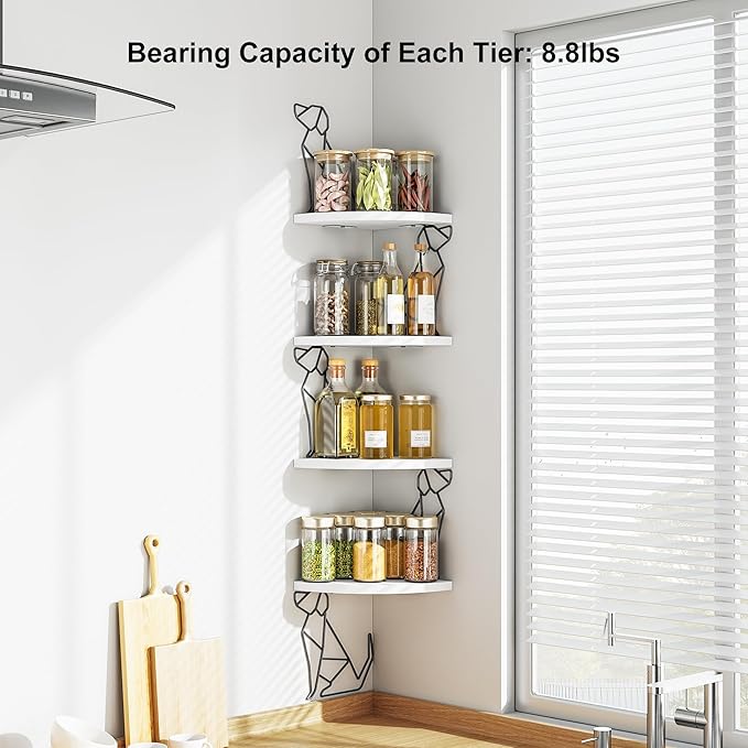 Alsonerbay White Corner Shelf Wall Mount, 4 Tier Floating Shelf for Wall Storage, Rustic Wood Shelves for Bedroom, Living Room, Bathroom, Entryway, Garage (Dog Shaped)