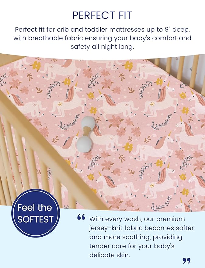 TotAha Premium Stretchy Unicorn Crib Sheets (2-Pack)-Hypoallergenic, Silky Comfort, Buttery Soft, Calming Effect, All-Season Jersey-Knit Sheets, 9'' Extra Deep Pocket