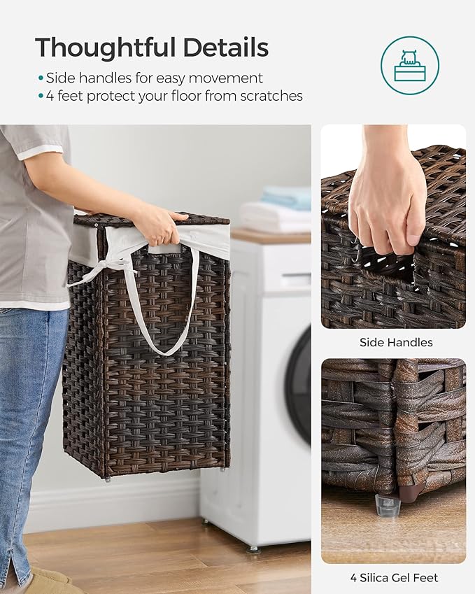 SONGMICS Laundry Hamper with Lid, 17.2 Gallon (65 L) Synthetic Rattan Clothes Laundry Basket with Lid and Handles, Foldable, Removable Liner, Chestnut Brown ULCB165K01