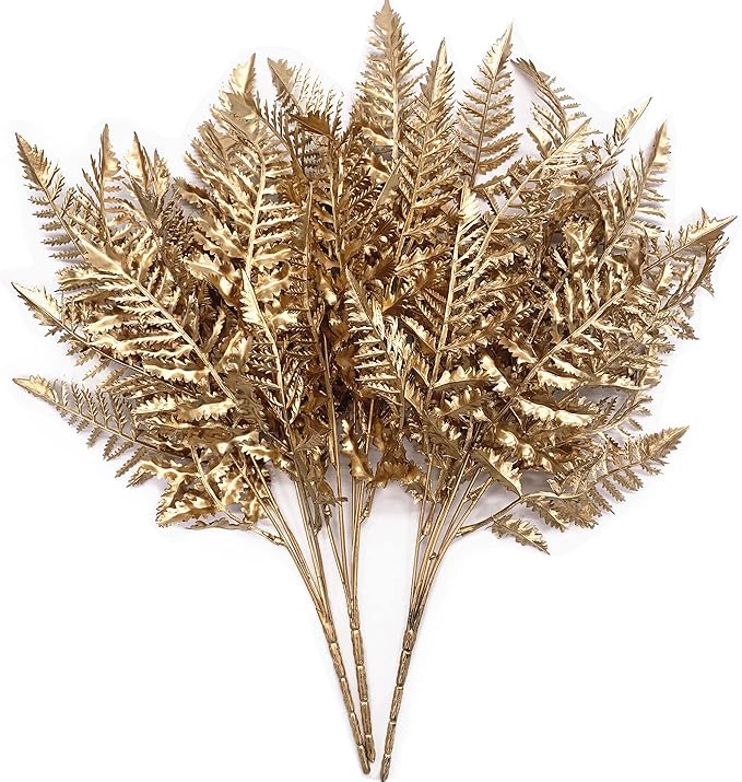 CATTREE Christmas Artificial Plants Decoration, Plastic Golden Boston Shrubs Plant Simulation Fern Leaves Fake Grass for Wedding Party Indoor DIY Home Office Table Centerpieces Decor - Gold 3 Pack