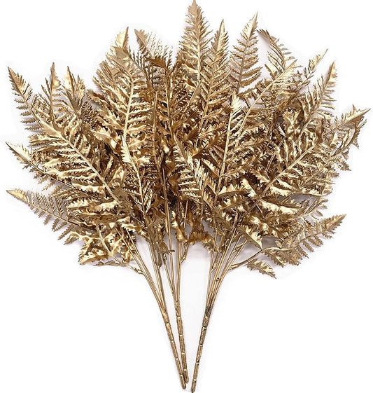 CATTREE Christmas Artificial Plants Decoration, Plastic Golden Boston Shrubs Plant Simulation Fern Leaves Fake Grass for Wedding Party Indoor DIY Home Office Table Centerpieces Decor - Gold 3 Pack