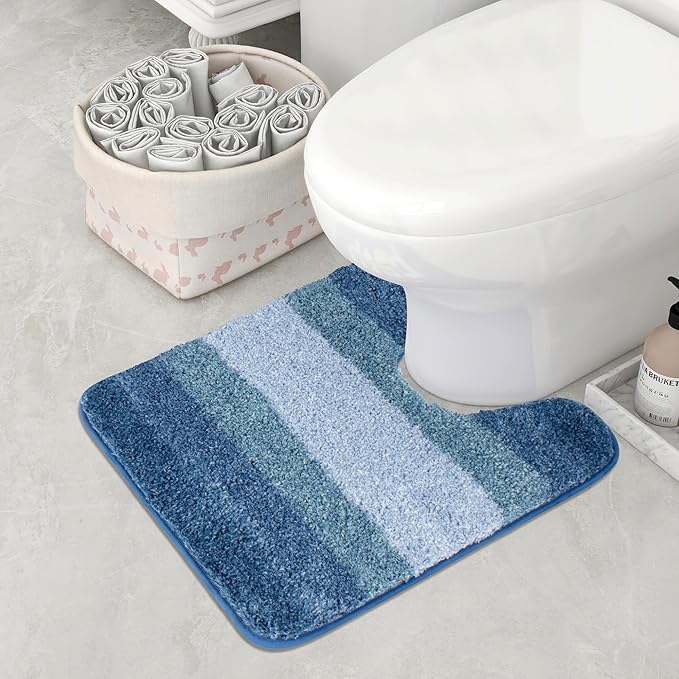Walensee Bathroom Contour Rug (20 x 24, Ombre Blue) Non-Slip Water Absorbent Soft Microfiber Shaggy Bath Mat - Machine Washable U Shape Toilet Rug