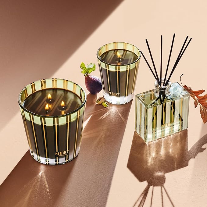 NEST New York Reed Diffuser, Pistachio & Wild Fig - 5.9 fl oz - Fragrance for Up to 90 Days - Reusable, Refillable Glass Holder - Includes 8 All-Natural Reed Sticks - Flame Free