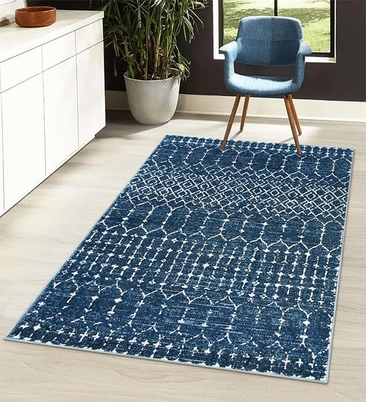 Lahome Moroccan Blue 3x5 Non-Slip Washable Soft Rug for Bedroom Floor Throw, Geometric Print Distressed Indoor Modern Rug for Entryway, Dining Room, Bathroom