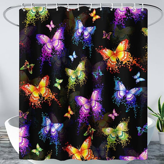 AILONEN Butterfly Shower Curtain for Bathroom, Colorful Butterfly Polyester Waterproof Bath Curtain,Modern Fashion Minimalist Shower Curtain with 12 Plastic Hooks,Black 72" W*96" H
