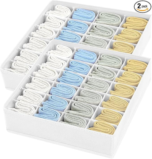 Joyoldelf Sock Organizer Drawer Organizer - 2 Packs Underwear Organizer, 48 Cells Collapsible Closet Organizers and Storage Sock Holders Organizers for Storing Socks, Ties, Belts(White)