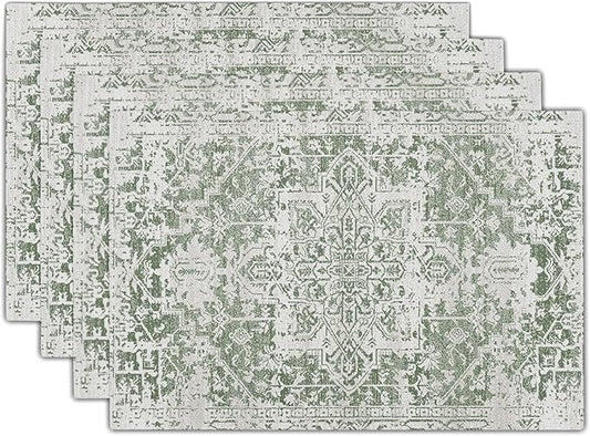 Gray Sage Green Boho Placemats Set of 4 Ethnic Bohemian Carpet Place Mats Washable Kitchen Dining Vintage Grey Geography Floral Linen Table Mats Stain Heat-Resistant for Home Party Indoor 12x18 in