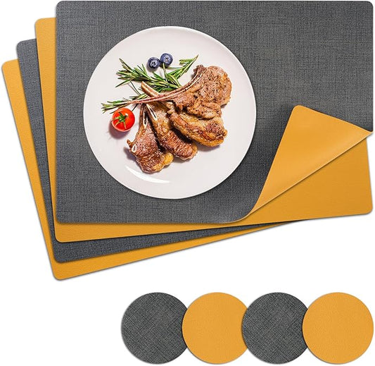 Placemats Set of 4 with Coasters Dual Sided Heat Stain Resistant Place Mats Faux Leather Table Mats Non-Slip Waterproof Oil-Proof Washable Wipeable Table Placemats for Dining Patio Table Kitchen…
