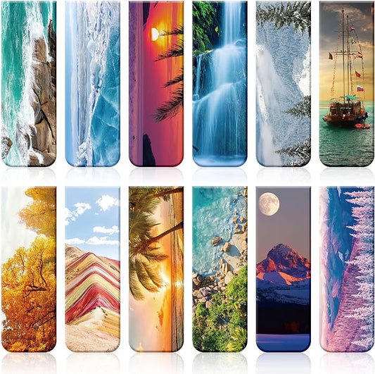 Tenare 24 Pcs Magnetic Bookmarks 12 Styles Assorted Cute Landscape Magnet Book Markers Magnetic Page Clip, Double Side Funny Book Marks for Women Men Reading Supplies