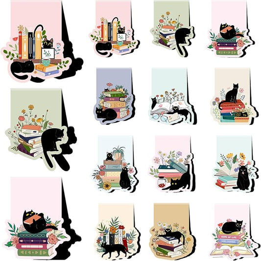 Black Cat Floral Magnetic Bookmarks - Wxiben 12 Pcs Black Cat Book Mark Magnets Cute Cartoon Cats Magnets Bookmark Page Clip Gift for Book Lovers Students Teen Teacher Office School Reading Cats Lover