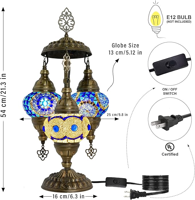 mozaist 3 Light Moroccan Mosaic Table Lamp, Stained Glass Boho Style Turkish Desk Lamp, Farmhouse Antique Living Room, Office Decorative Vintage Lighting with US Plug & E12 Socket (Blue & White)