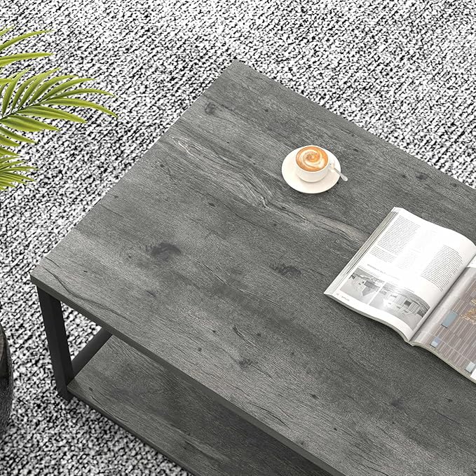 EXCEFUR Coffee Table, Rustic Wood and Metal Living Room Table, Industrial Rectangle Center Table with Storage Shelf, 47 Inch Grey