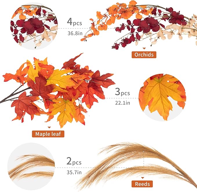 MISSPIN Thanksgiving Decorations - 9Pcs Fall Decor Artificial Flowers Orchid Maple Leaves Stems Set Fall Stems Faux Reed Maple Leaves for Wedding Bouquet Table Centerpieces Autumn