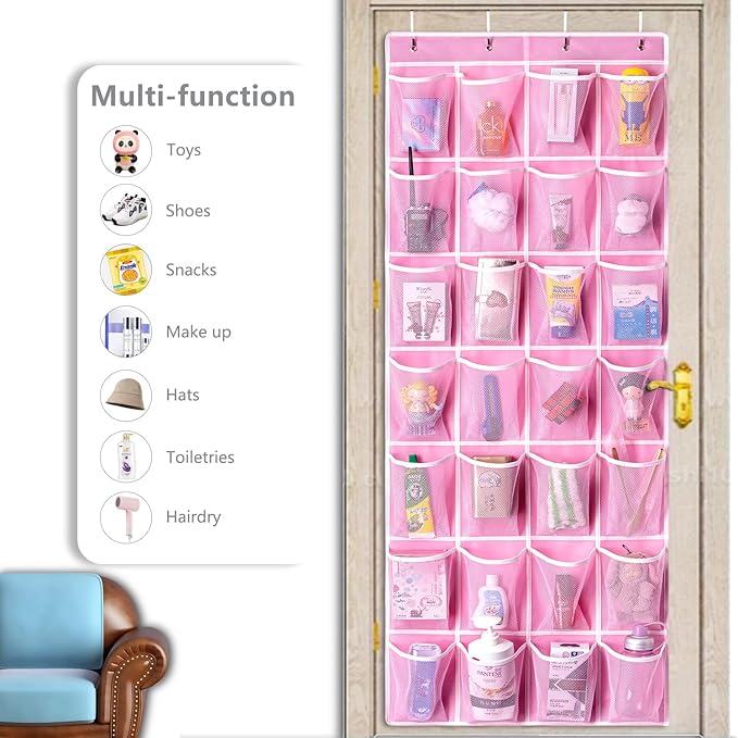 KEEPJOY 28 Pockets Hanging Shoe Organizer, Over the Door Shoe Organizer, Hanging Door Shoe Holder Rack with Mesh Pockets Large Size 65 x 23 Inch (Pink-1Pack)