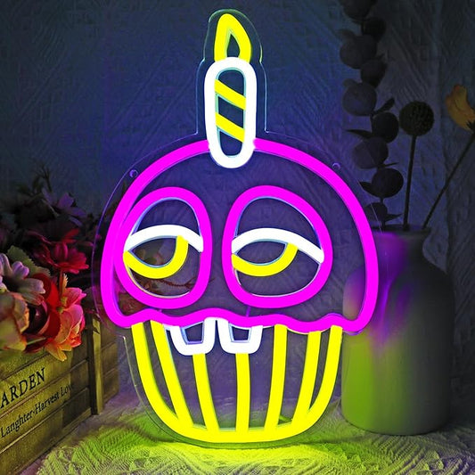 Cupcake Anime Cartoon Neon Signs for Wall Decor, LED Light for Bedroom, Kids' Room, Birthday Decorations, USB Powered, Pink, Yellow, White, 11.8x7.8 inches