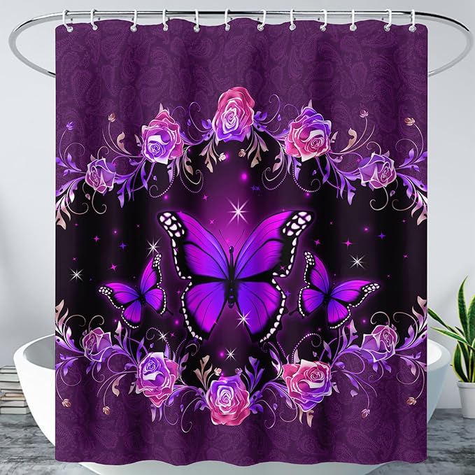 AILONEN Girls Butterfly Shower Curtain for Bathroom, Purple Rose Floral Butterfly Bathroom Curtain,Flying Butterfly Bath Curtain 72" W*96" H Polyester Waterproof Bathroom Curtain with 12 Hooks