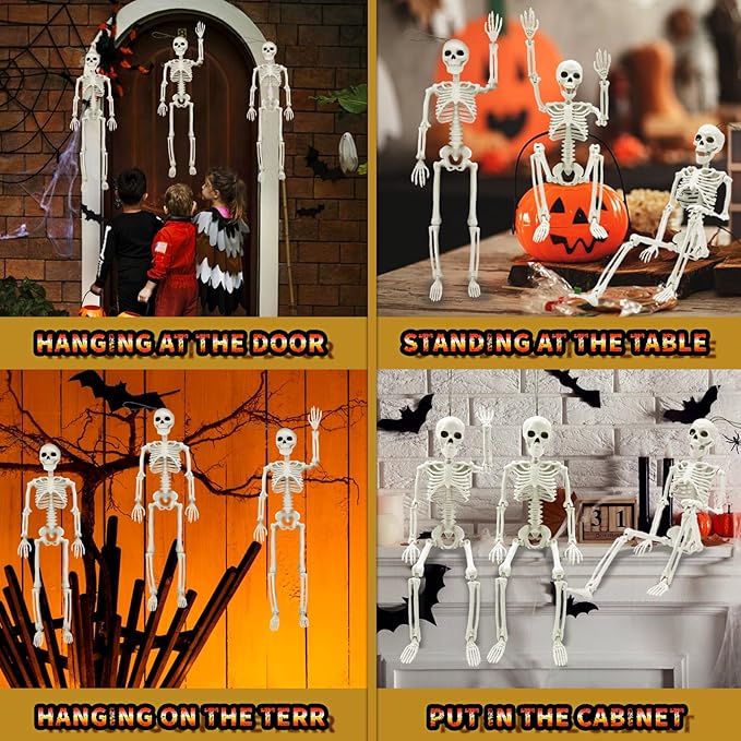 6 PCS Halloween Decoration, 16" Small Poseable Skeleton Full Body with Movable Joints for Garden Graveyard Haunted House Party Home Props Decor