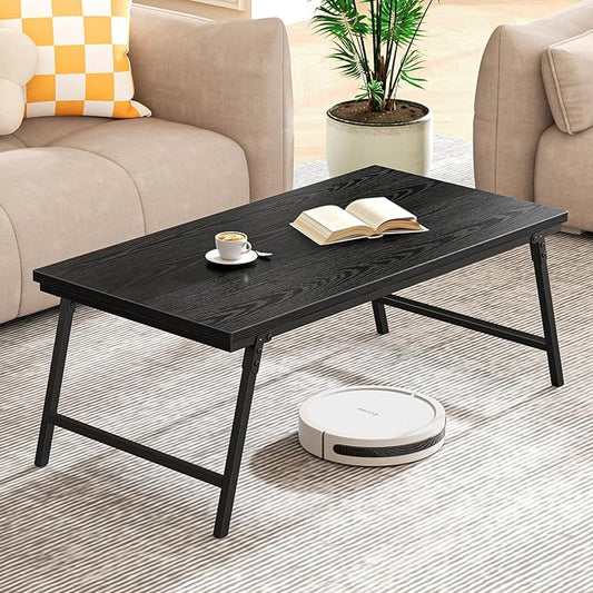 Folding Coffee Table for Small Spaces, Leg Latches Collapsible Foldable Coffee Table Portable Sturdy, No Assembly Low Tables for Living Room (Black, Opened Size: 41.34L×21.65W×15.75H)