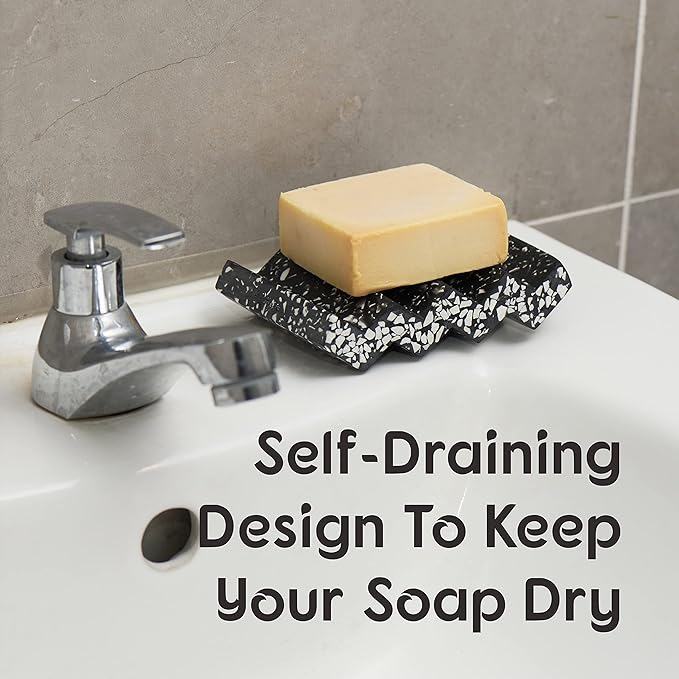 Zig Zag Jesmonite Terrazzo Stone Soap Dish for Bathroom Sink - Concrete Soap Saver for Bar Soap Holder for Shower - Sponge Holder - Self Draining Soap Dish Holder - Kitchen Soap Tray (Black)