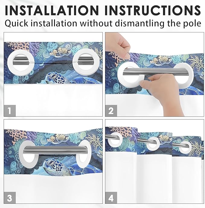 Turtle Navy Blue No Hook Shower Curtain with Snap in Liner, Sea Shells Coral Bath Curtain with Double Layers Waterproof Fabric and Mesh Top Window 71x74 Inch