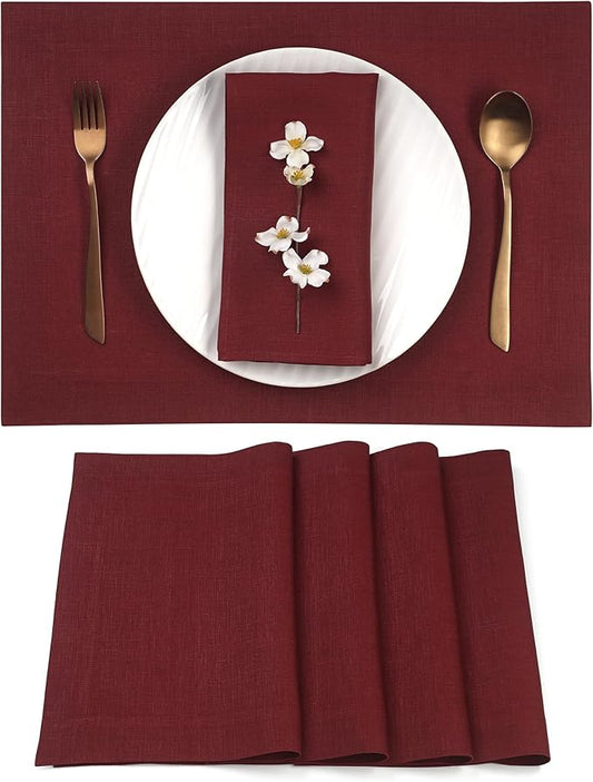 D'Moksha Homes Linen Placemats 14 x 19 Inch - Dark Red Placemats Set of 4-100% Pure Linen Table Place Mats for Summer - Handcrafted and Machine Washable