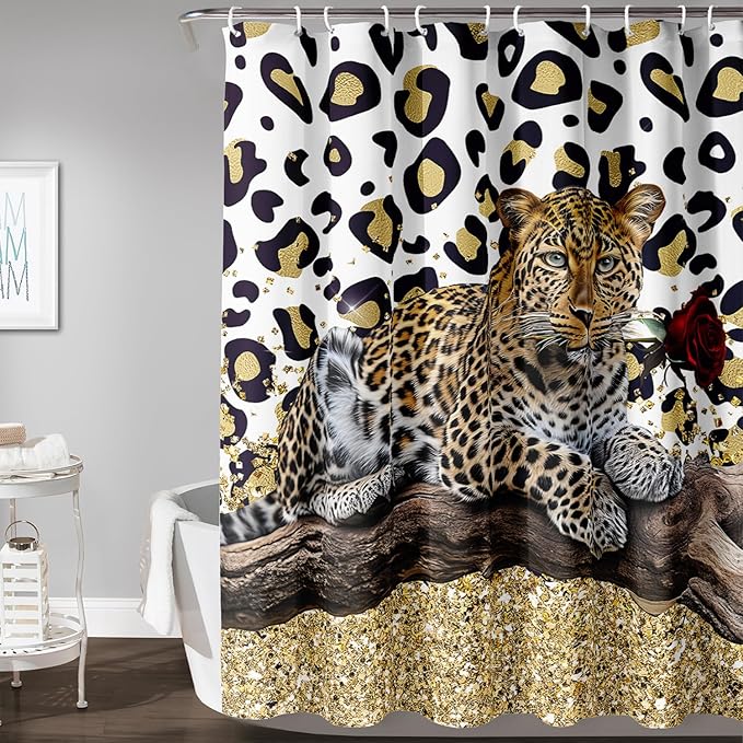 AILONEN Leopard Shower Curtains for Bathroom,Rose Leopard Bath Shower Gifts for Lover,Wild Animal Curtains Polyester Waterproof with 12 Plastic Hooks 48" W*72" H