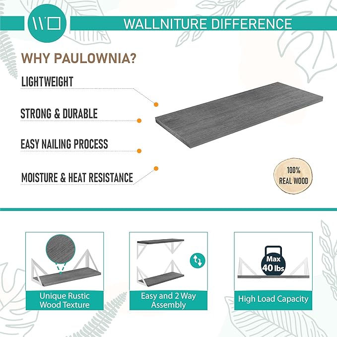 Wallniture Minori Gray Floating Shelves for Wall, Bathroom Shelves Over The Toilet Storage, Wood Wall Shelf for Bedroom, Living Room, Kitchen, Set of 3
