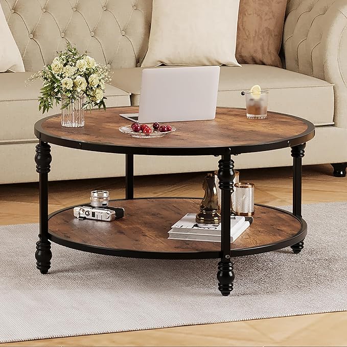 IDEALHOUSE Round Coffee Table for Living Room Rustic Center Table with Storage Shelf Wood Circle Coffee Table with Sturdy Metal Legs, Easy Assembly