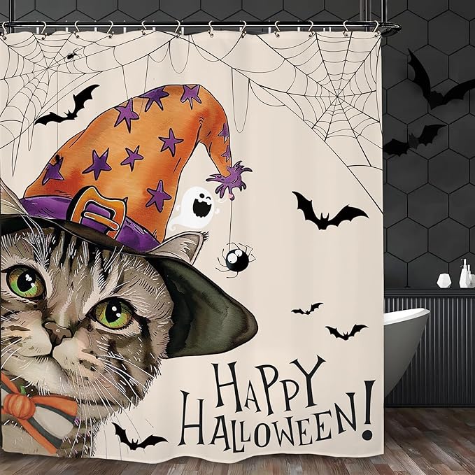 Halloween Cat Funny Shower Curtain 60Wx72L Inch Horror Spooky Scary Witch Bat Spider Animal Holiday Bathroom Set Accessories Decor with 12 Pack Hooks