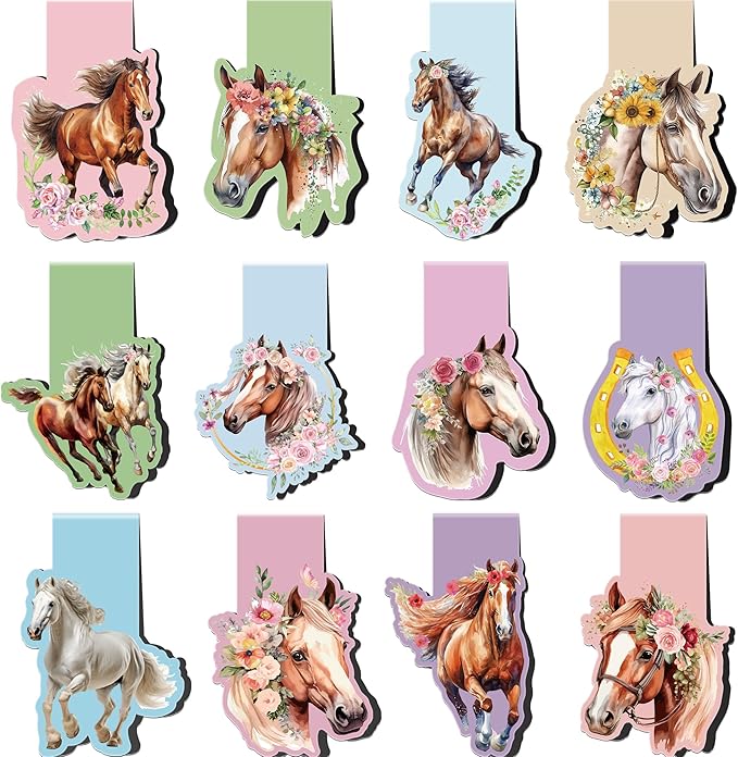 Horse Magnetic Bookmarks: 12 Pcs Horse Animals Magnet Book Page Markers, Cute Bookmark Clips for Reading, Gifts for Kids Women Students Teachers Book Lovers Office School Supplies