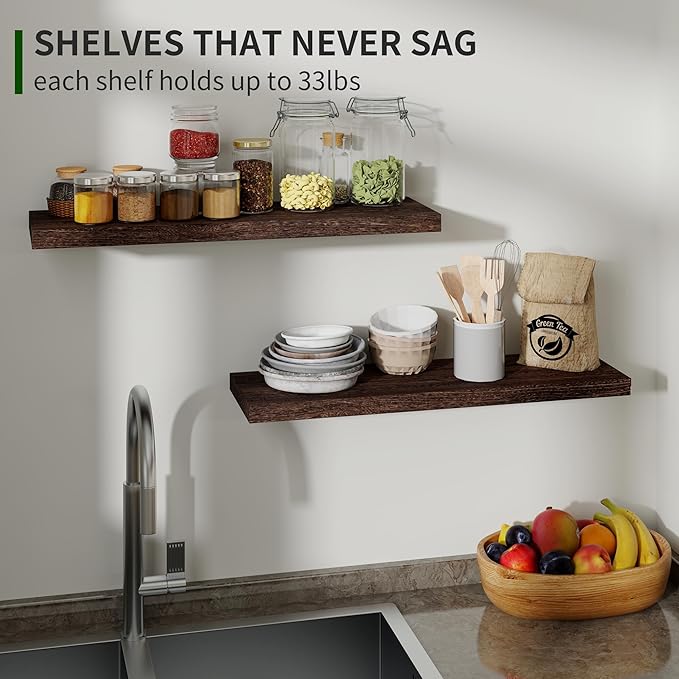 Marsmiles Wood Floating Shelves for Wall Set of 2, 24 Inch Wide Rustic Wooden Floating Shelves, Invisible Wall Mounted Display for Living Room Bedroom Kitchen Bathroom Office, Weathered