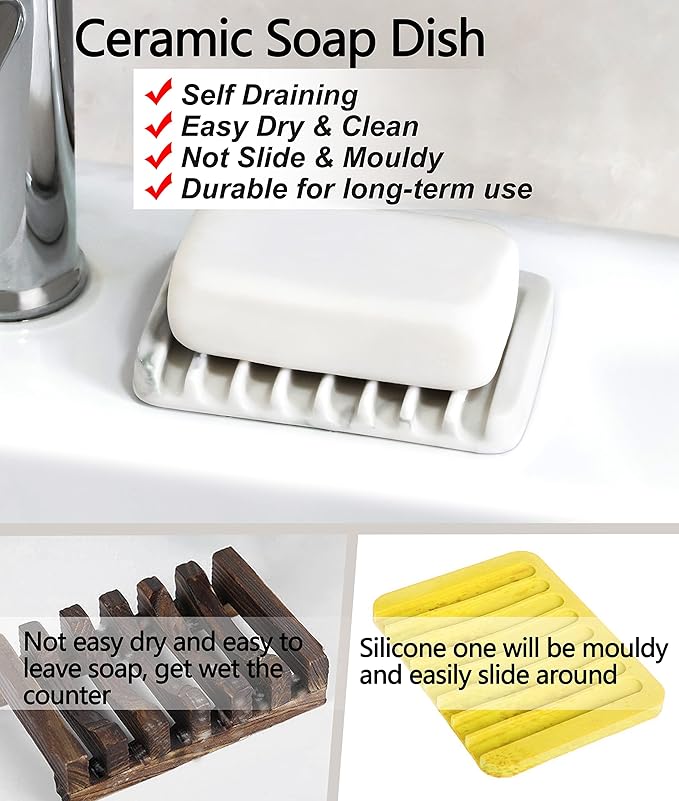 Ceramic Soap Dish for Sink,Self Draining Soap Dishes Saver for Shower Bar Soap Holder for Bathroom Soap Container Holder Dish for Kitchen,Marble Decor,White