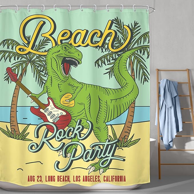 LGhtyro Funny Dinosaur Kids Shower Curtain Bathroom Set 60Wx71H Inches Beach Green Cartoon Dino Trex Animal Raptor Play Guitar Bath Accessories Tropical Palm Tree Art Home Decor Fabric 12 Pack Hooks