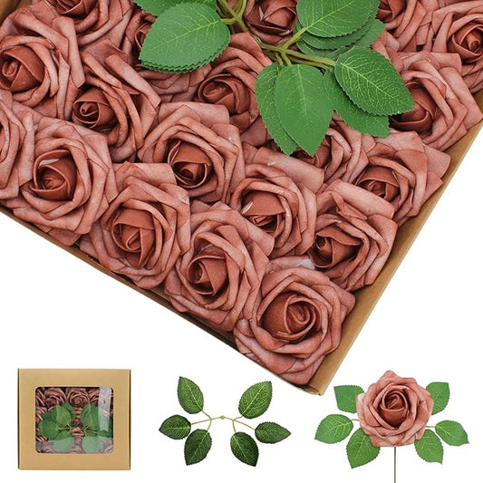 Artificial Flowers Warm Taupe Roses 50PCS Real Looking Foam Fake Roses with Leaves and for DIY Wedding Bouquets Bridal Shower Centerpieces Party Decorations (Warm Taupe)