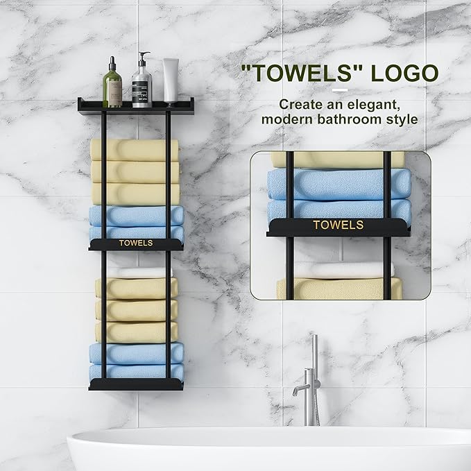 MinBoo Bamboo Bathroom Towel Storage Rack, Towel Racks for Bathroom Wall Mounted with Shelf Can Holds Large Towels, Wall Towel Rack for Rolled Towels, Black