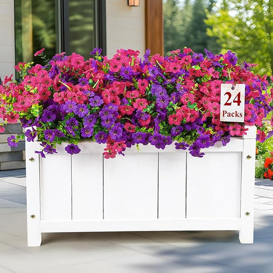 24 Bundles Artificial Flowers for Outdoors Decoration, UV Resistant Silk Violet Faux Colorful Daisy Eucalyptus Fake Plants for Outside Indoor Yard Home Patio Porch Decor, (Purple & Rosered)