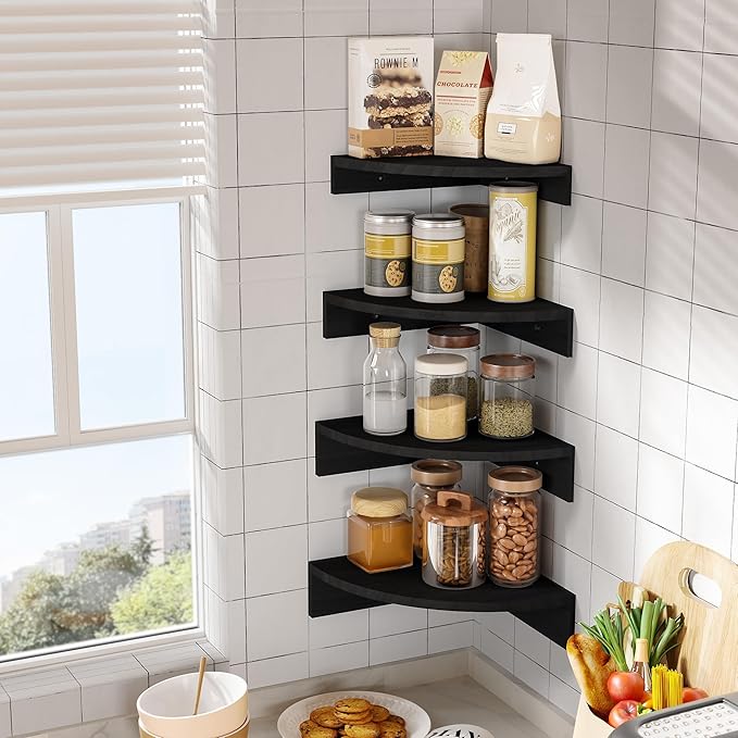 Alsonerbay Black Corner Wall Shelf, Floating Shelves Wall Mount Set of 4, Rustic Wood Shelves for Bedroom, Living Room, Bathroom, Entryway, Garage