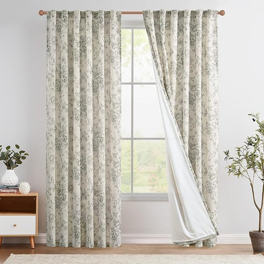 jinchan Lined Linen Blend Curtain Floral Curtains for Living Room 84 Inches Long Grey Peony Flower Printed Curtain Back Tab Farmhouse Patterned Drapes Bedroom Window Curtains Set 2 Panels