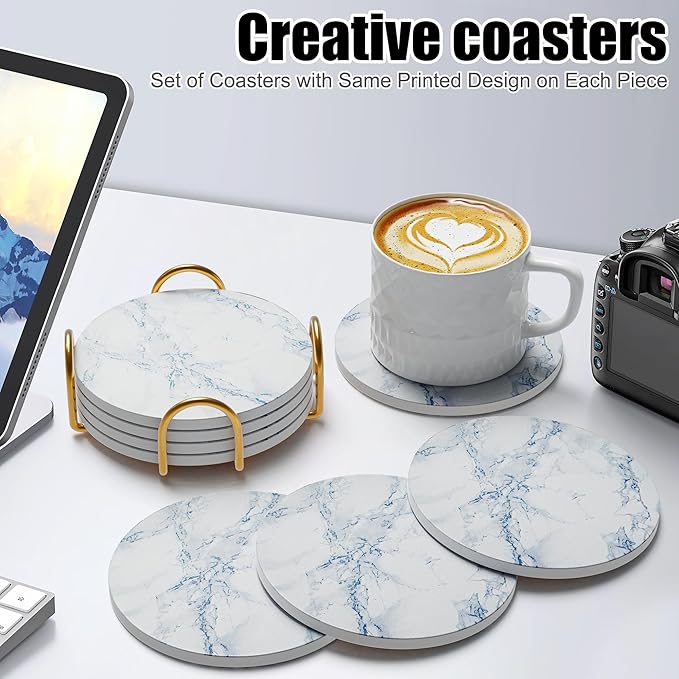Coasters for Drinks Set of 4, Absorbent Ivory Marble Style with Metal Golden Holder, Ceramic Coaster Set Cup Mat for Home Decor, Bar, Kitchen, Party