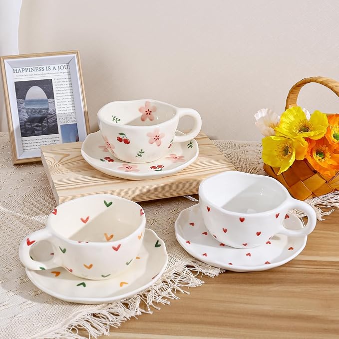 Koythin Ceramic Coffee Mug with Saucers, Handmade Flowers Mugs, Cute Cup for Girl Women, Aesthetic Tea Milk Cup with Handle, 8.5 oz/250 ml for Latte, Cocoa, Office, Home (Pink Cherry Flowers)