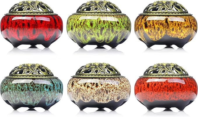 Incense Burner with Calabash Incense Stick Holder - Porcelain Charcoal Censer for Use with Resin Granular Powder Cone or Coil Incense (New Fambe Gray)