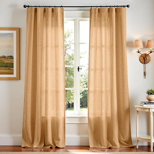 jinchan Linen Blend Curtains 96 inch Length 2 Panels for Bedroom Living Room, Floor to Ceiling 50 inch Wide Farmhouse Drapes with Rod Pocket Back Tab(50W x 96L, Mustard Yellow)