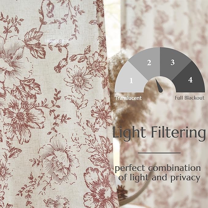 jinchan Linen Blend Curtain Floral Curtains for Living Room 63 Inch Length Brick Red Printed Curtain Rod Pocket Back Tab Farmhouse Peony Flower Patterned Drapes Bedroom Window Curtains Set 2 Panels